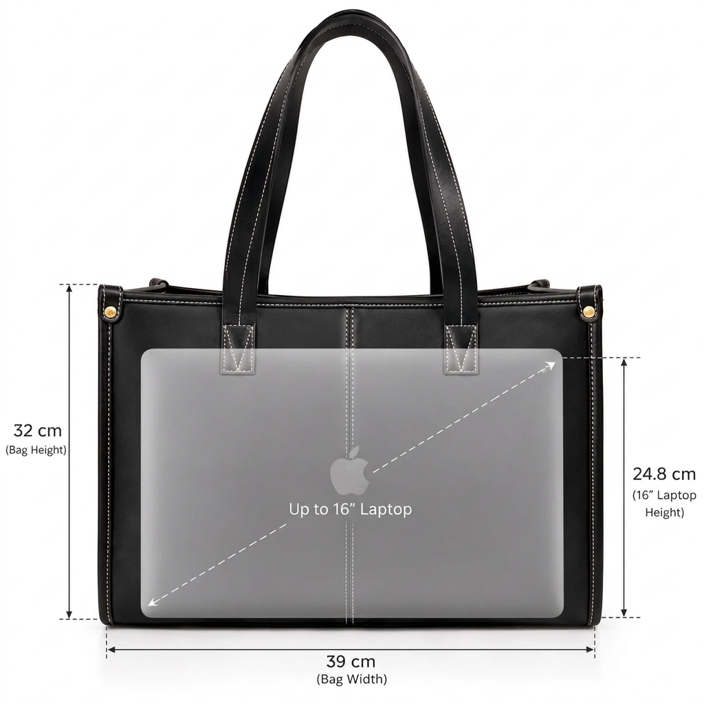 A dark brown leather tote bag shown on a white background with overlaid dimension lines and text indicating height, width, and laptop fit measurements.