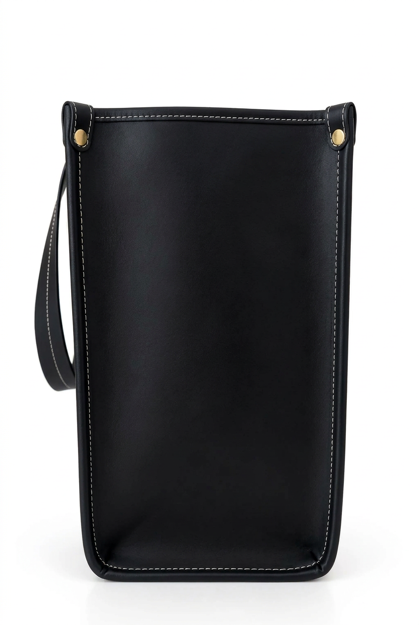 A black faux leather sleeve or pouch with a wrist strap, featuring light contrast stitching and small gold-tone metal rivets at the top corners, shown against a plain white background.