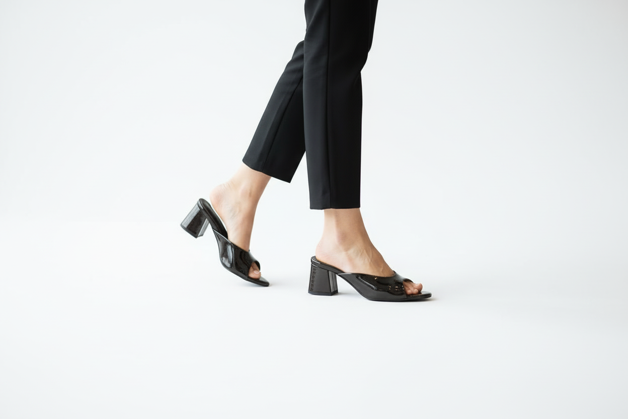 Pair of black high-heeled shoes on a white background