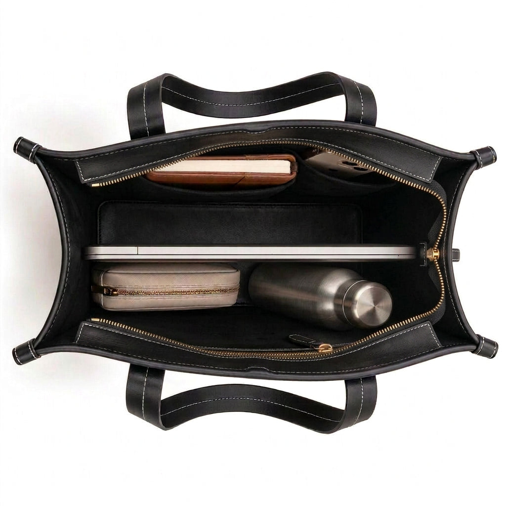 A dark brown faux leather tote bag shown from a top-down view, filled with travel accessories including a laptop, water bottle, phone, wallet, and pouch, on a white background.