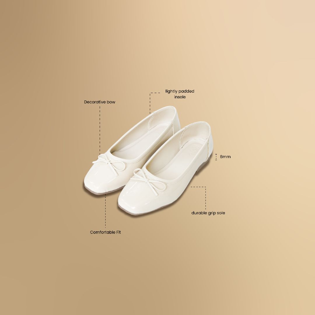 White loafers on a beige background with feature text