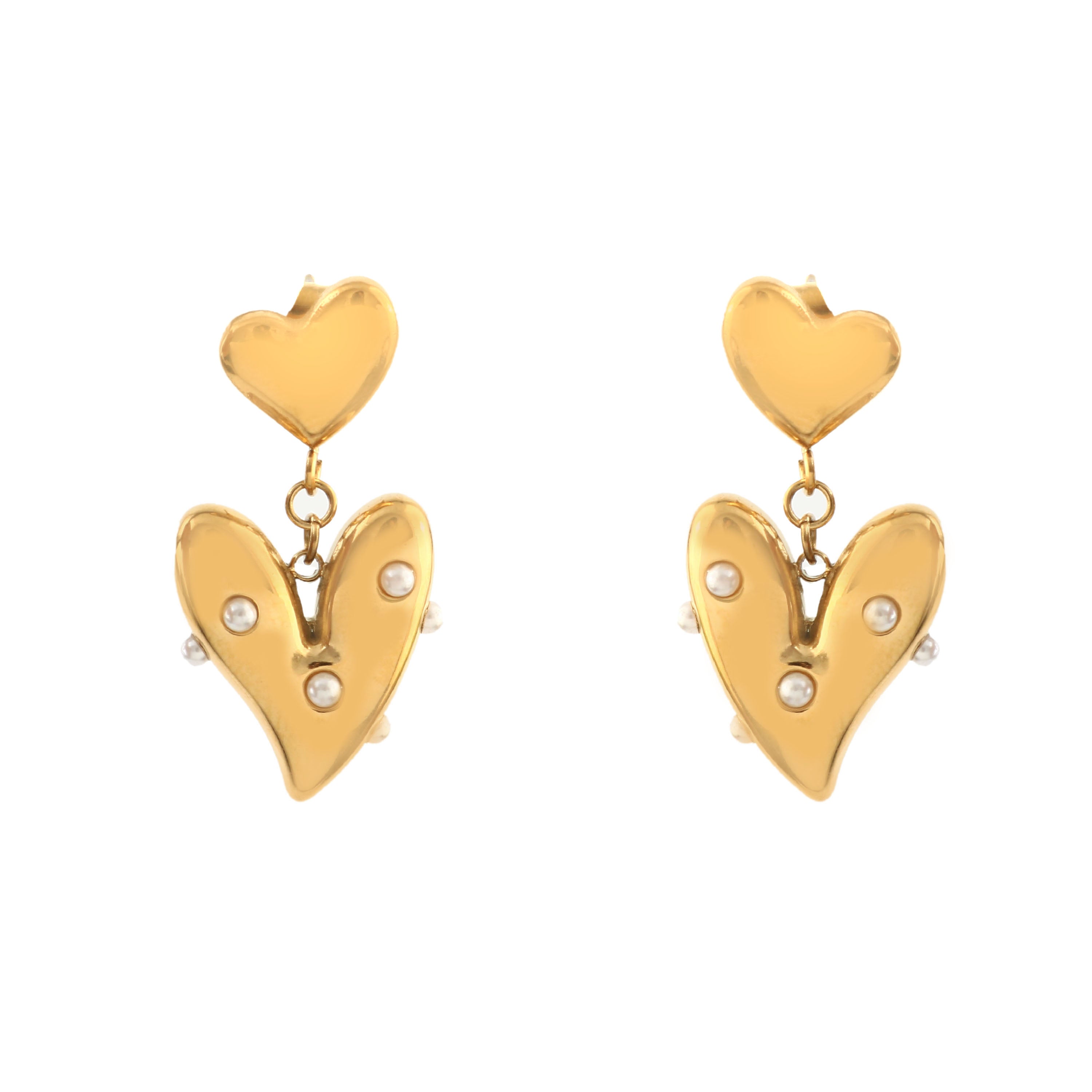 18K Gold Pearl Heart Drop Earrings