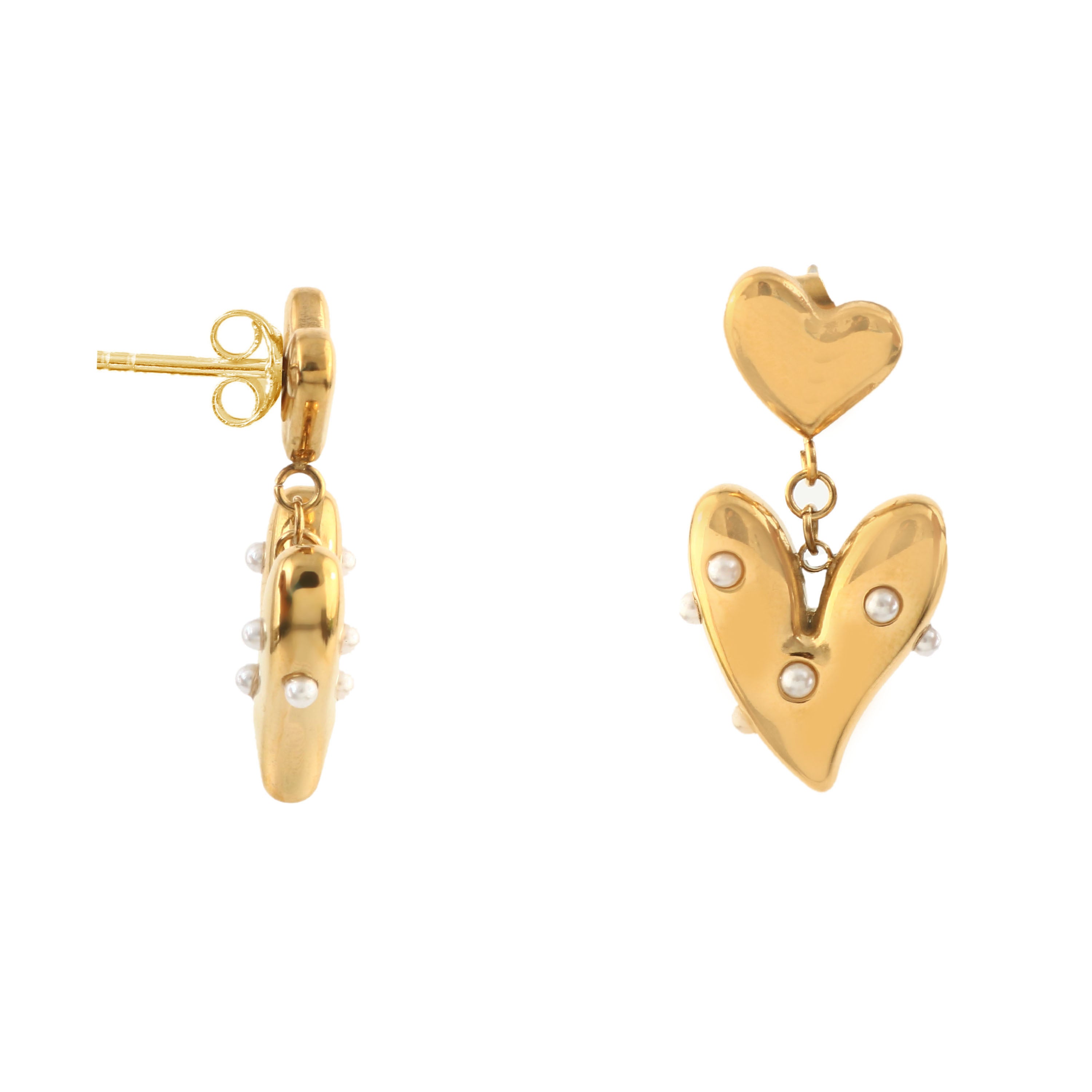 18K Gold Pearl Heart Drop Earrings