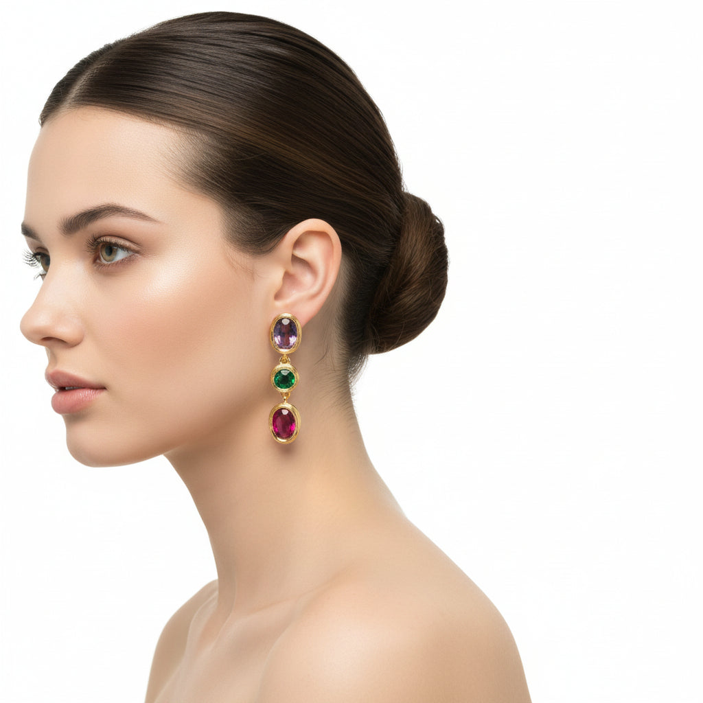 Trio Gem Drop Earrings – 18K Gold Plated