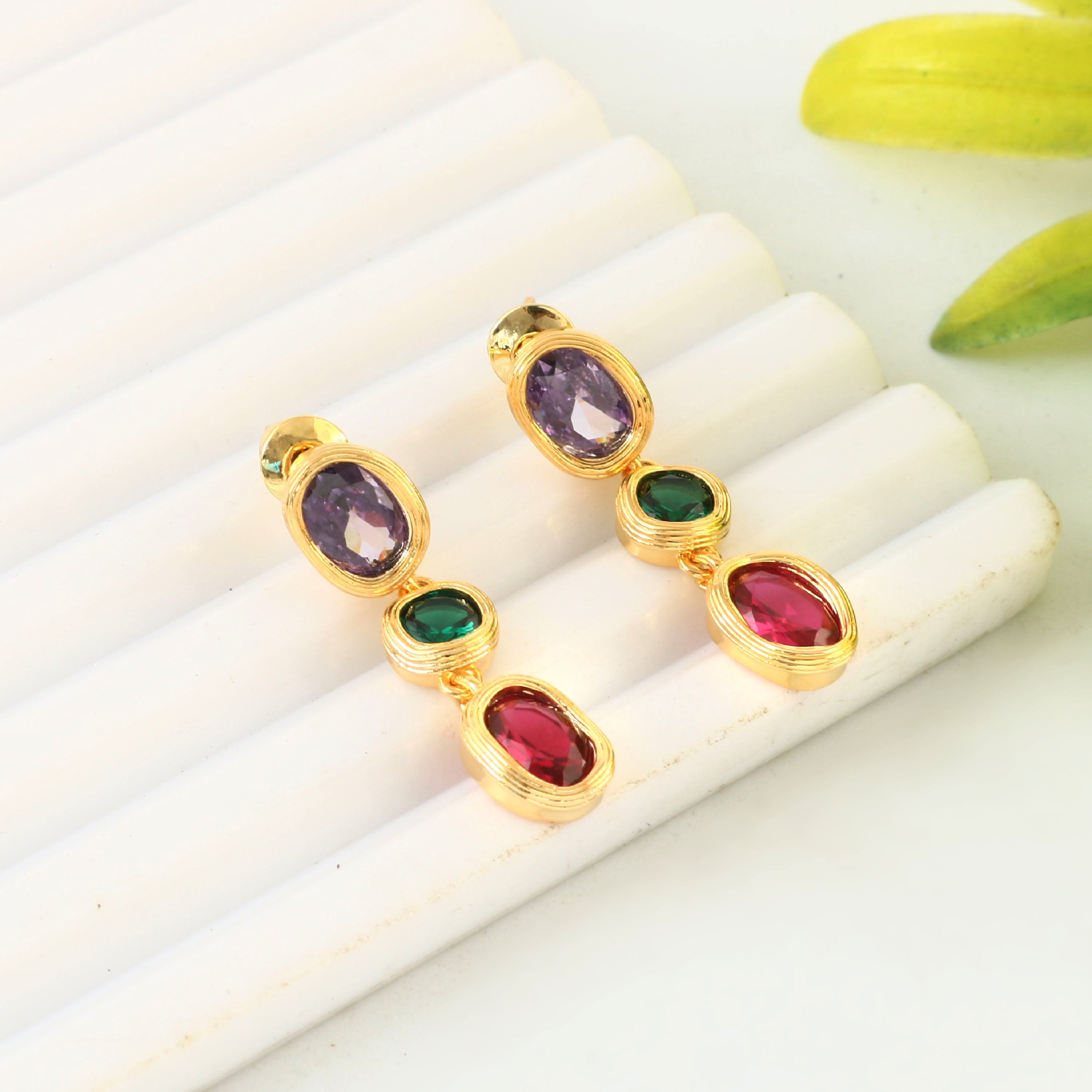 Trio Gem Drop Earrings – 18K Gold Plated